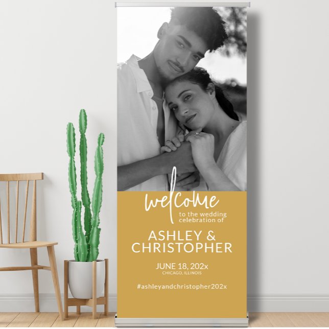 Elegant Sunflower Gold Photo Wedding Welcome Retractable Banner (Creator Uploaded)