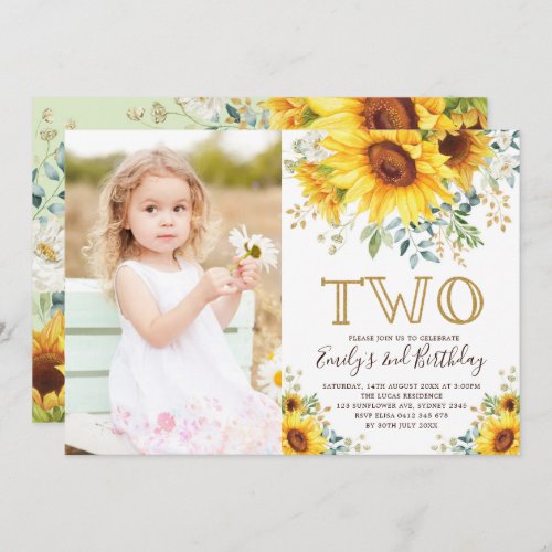 Elegant Sunflower Greenery 2nd Birthday Photo Invitation