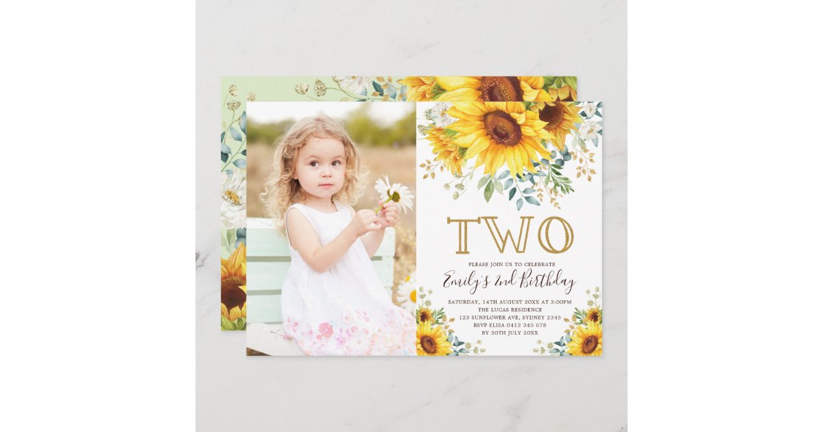 Elegant Sunflower Greenery 2nd Birthday Photo Invitation 