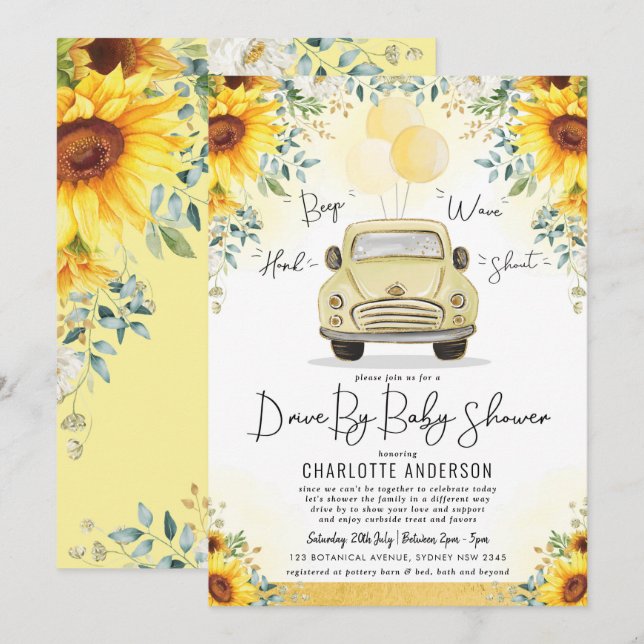 Elegant Sunflower Greenery Drive By Baby Shower Invitation (Front/Back)