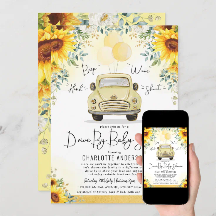 Elegant Sunflower Greenery Drive By Baby Shower Invitation Zazzle