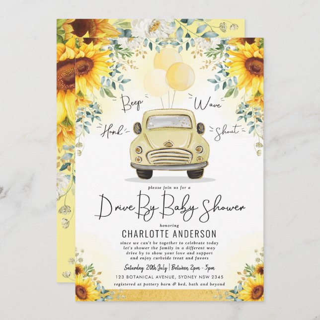 Elegant Sunflower Greenery Drive By Baby Shower Invitation (Front/Back)