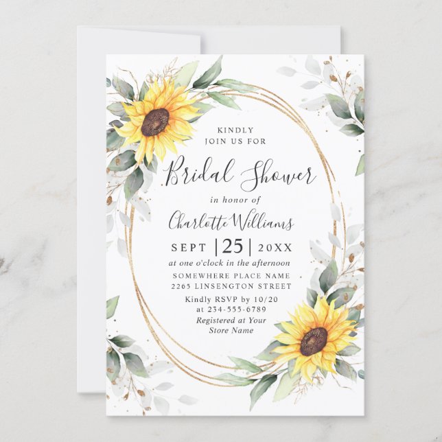 Elegant Sunflower Greenery Floral Bridal Shower Invitation (Front)