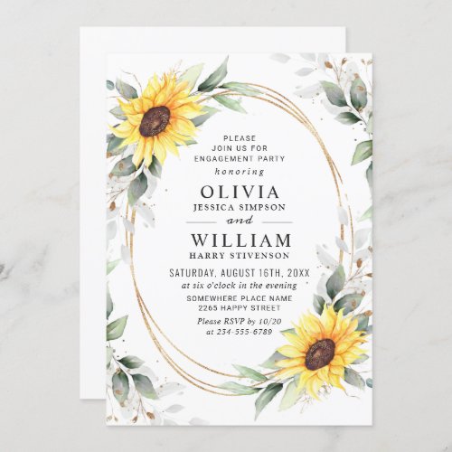 Elegant Sunflower Greenery Floral Engagement Party Invitation