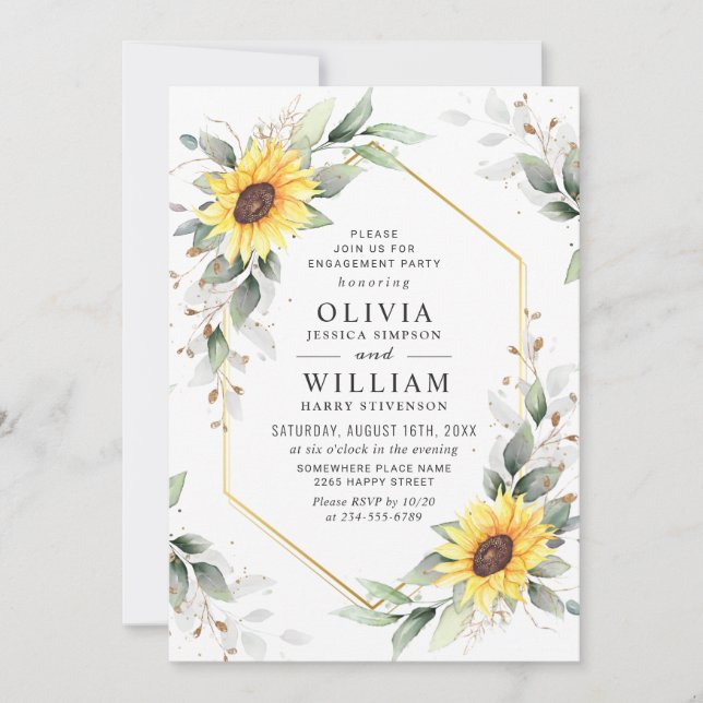 Elegant Sunflower Greenery Floral Engagement Party Invitation (Front)