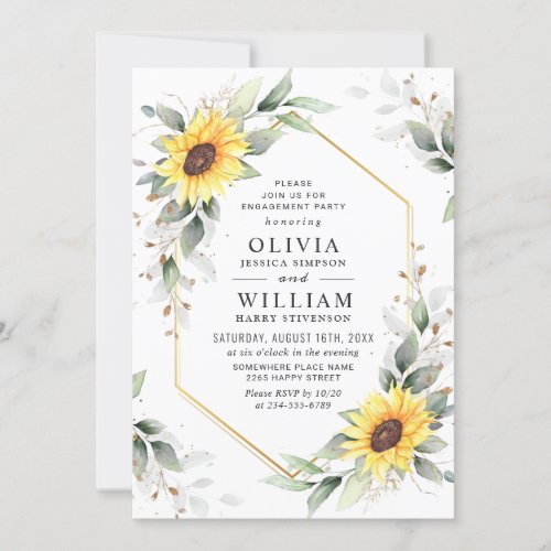 Elegant Sunflower Greenery Floral Engagement Party Invitation