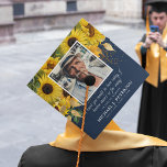 Elegant Sunflower In Loving Memory tribute Graduation Cap Topper<br><div class="desc">Wear this memorial cap topper to honor a friend or family member who is in heaven. Design features a trendy navy blue background, decorated with yellow autumn sunflowers and foliage, faux gold confetti, a square picture of your loved one, the text 'I know you would be here today, if heaven...</div>