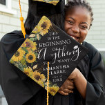 Elegant Sunflower 'Inspirational Quote' Graduate Graduation Cap Topper<br><div class="desc">An elegant graduation cap topper featuring a black background with yellow sunflowers and botanical greenery,  the insipirational quote 'THIS IS THE BEGINNING OF ANYTHING YOU WANT!',  a white graduation cap,  name and class year.</div>