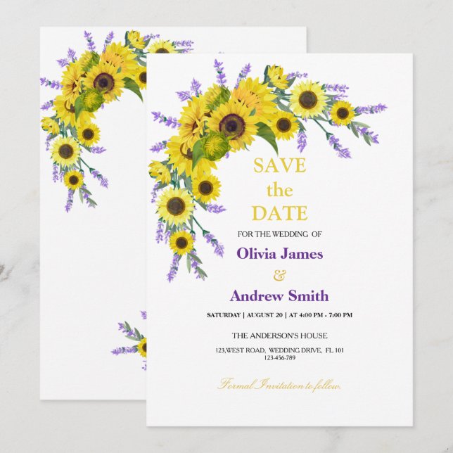 Elegant Sunflower & Lavender Wedding Save The Date (Front/Back)