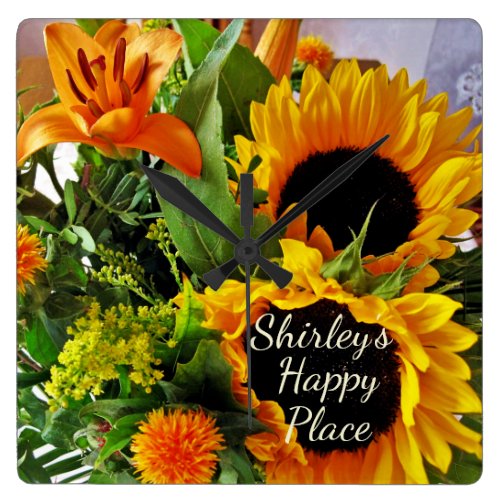 Elegant Sunflower, Lily Happy Place Fall Bouquet S Square Wall Clock
