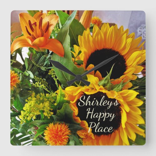 Elegant Sunflower Lily Happy Place Fall Bouquet S Square Wall Clock