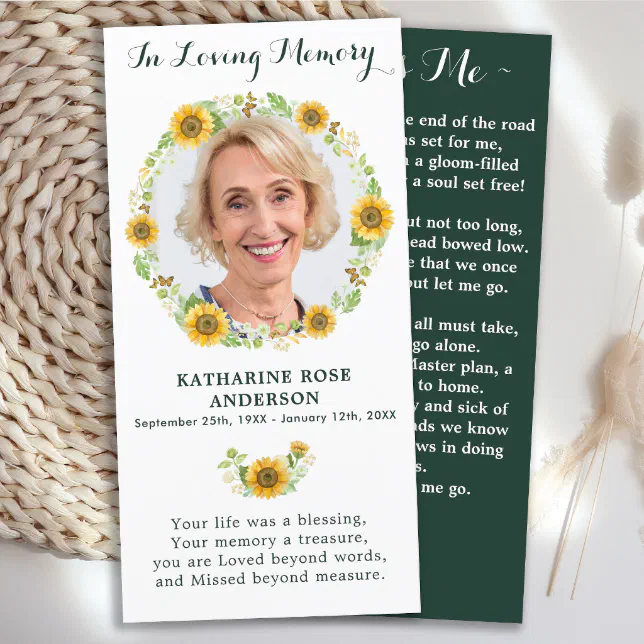 Elegant Sunflower Memorial Funeral Prayer Card | Zazzle