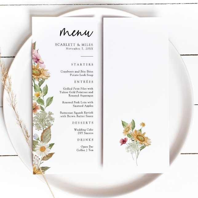 Elegant Sunflower Menu (Elegant White Watercolor Sunflower Wildflower Wedding Menu by Painted Paperie
)