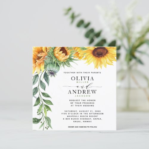Elegant Sunflower Modern Watercolor Wedding Invitation - Are you using sunflowers in your bouquet or in your centerpiece decorations?  Then you will love these modern watercolor sunflower wedding invitations! The invitation features a watercolor sunflower cascade on the left and a modern font layout with hand-lettering. These are great for your country weddings, fall weddings, rustic weddings, and anyone who absolutely loves sunflowers.