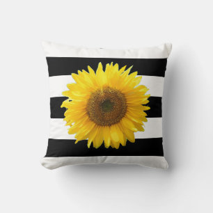 Elegant Sunflower on Black & White Striped Throw P Throw Pillow