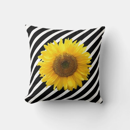 Elegant Sunflower on Black  White Striped Throw Pillow