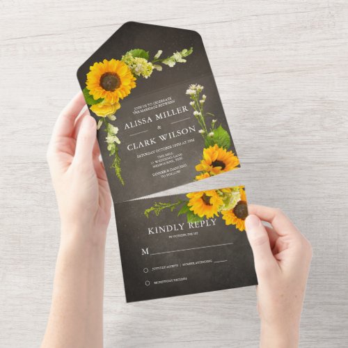 Elegant Sunflower On Rustic Chalkboard Wedding All In One Invitation