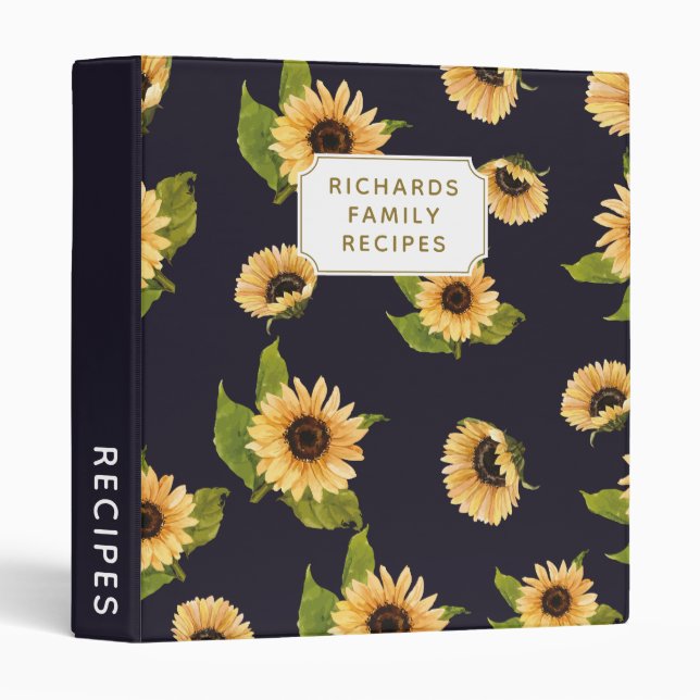 Elegant Sunflower Pattern Cookbook Family Recipe 3 Ring Binder (Front/Spine)