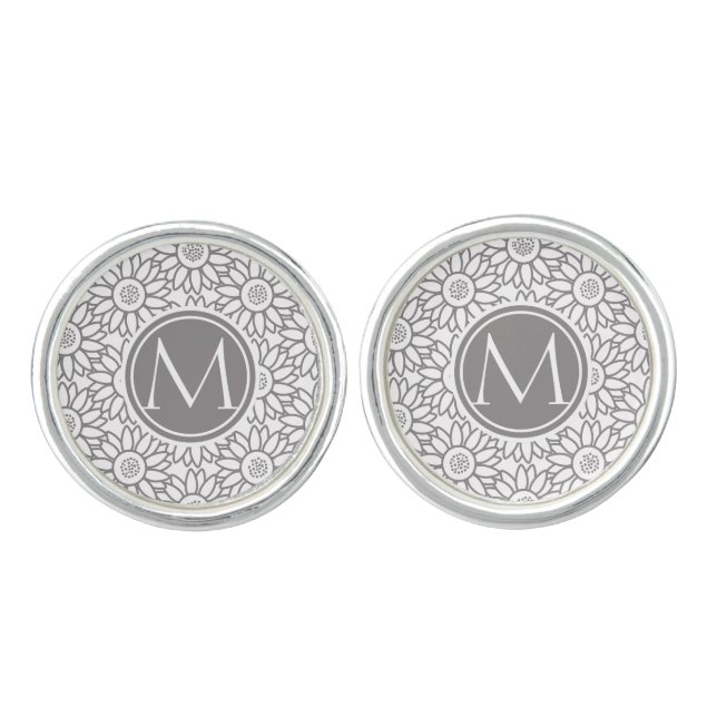 Elegant Sunflower Pattern Monogrammed Cufflinks (Front)