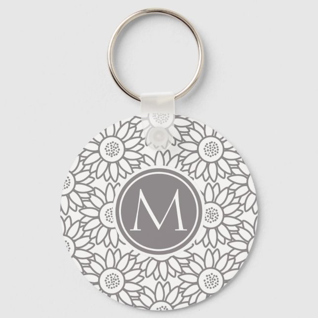 Elegant Sunflower Pattern Monogrammed Keychain (Front)