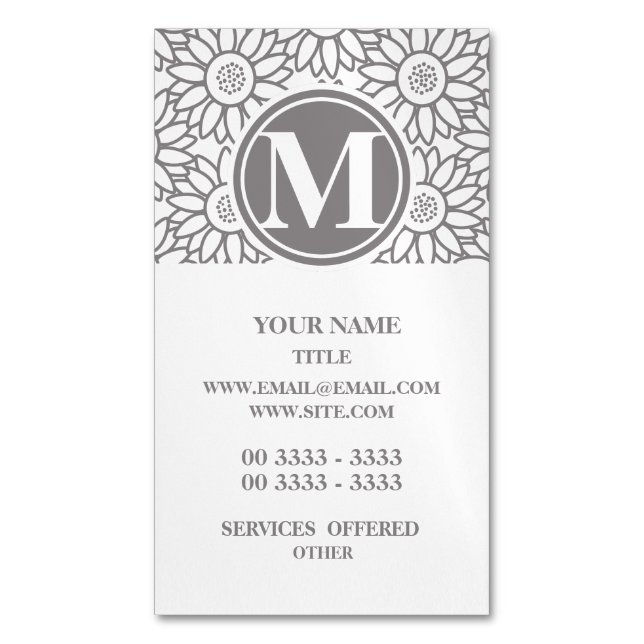 Elegant Sunflower Pattern Monogrammed Magnetic Business Card (Front Vertical)