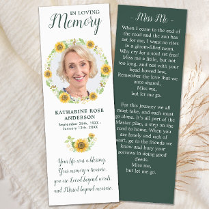 Elegant Sunflower Photo Memorial Prayer Funeral Bookmarks