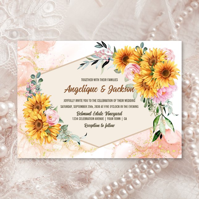 Elegant Sunflower Pink Rose Geometric Wedding Invitation (Creator Uploaded)