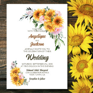 Elegant Sunflower Pink Rose Wedding Invitation
