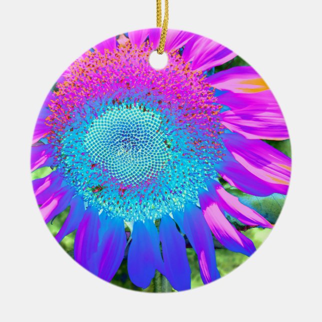 Elegant sunflower purple pink blue floral  ceramic ornament (Front)