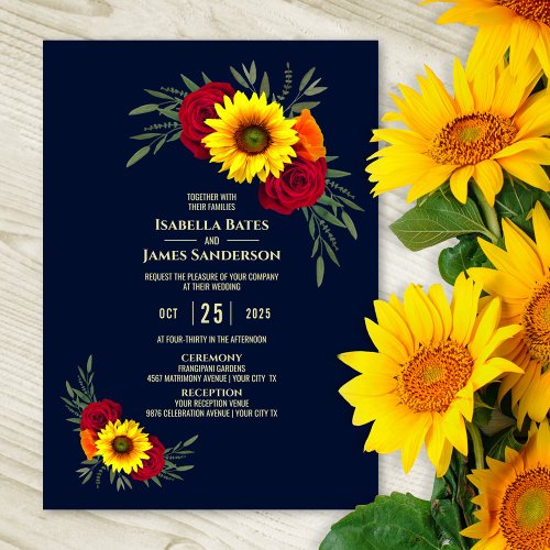 Elegant Sunflower Red Rose Navy Blue Wedding Invitation