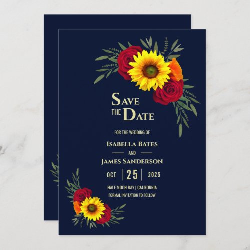 Elegant Sunflower Red Rose Navy Blue Wedding Save  Save The Date