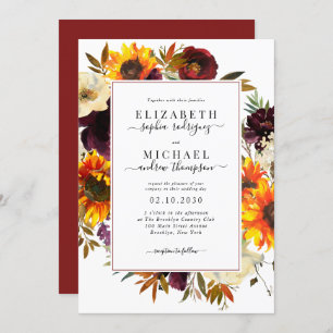 Elegant Sunflower Rose Burgundy Floral Wedding Invitation