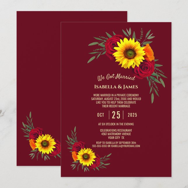 Elegant Sunflower Rose Burgundy Wedding Reception Invitation (Front/Back)