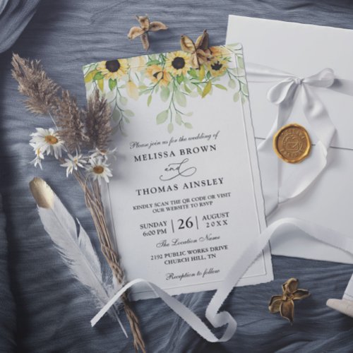 Elegant Sunflower Rustic Budget QR Code Wedding Invitation