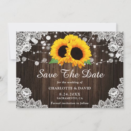 Elegant Sunflower Rustic Wood Lace Floral Wedding Save The Date