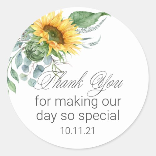 Elegant Sunflower Script Thank You Classic Round Sticker