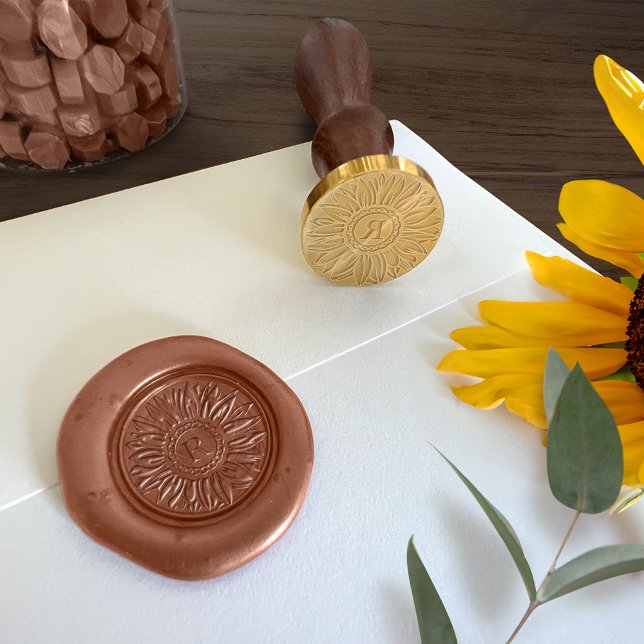Elegant Sunflower Simple Wedding Monogram Wax Seal Stamp (Upscale your rustic wedding stationery with elegant sunflower monogrammed wax seals.)