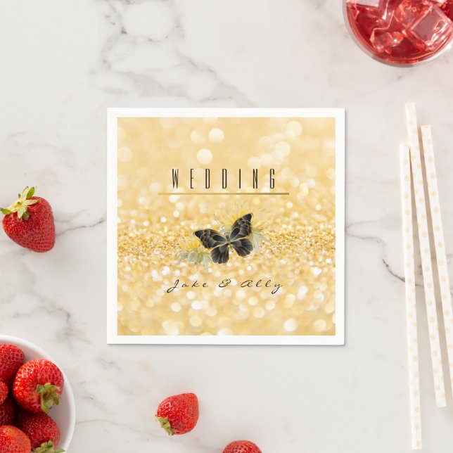 Elegant Sunflower Sparkle Black Butterfly Gold Napkins (Insitu)