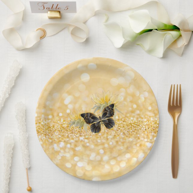 Elegant Sunflower Sparkle Black Butterfly Gold Paper Plates (Wedding)