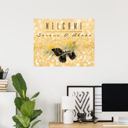 Elegant Sunflower Sparkle Black Butterfly Gold Poster