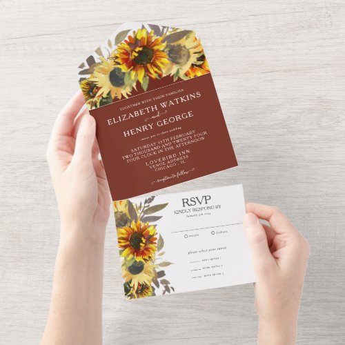 Elegant Sunflower Tan Brown Fall Wedding All In One Invitation