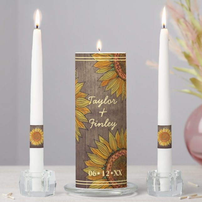   Elegant Sunflower Taupe Farmhouse Rustic Wedding Unity Candle Set (In Situ)