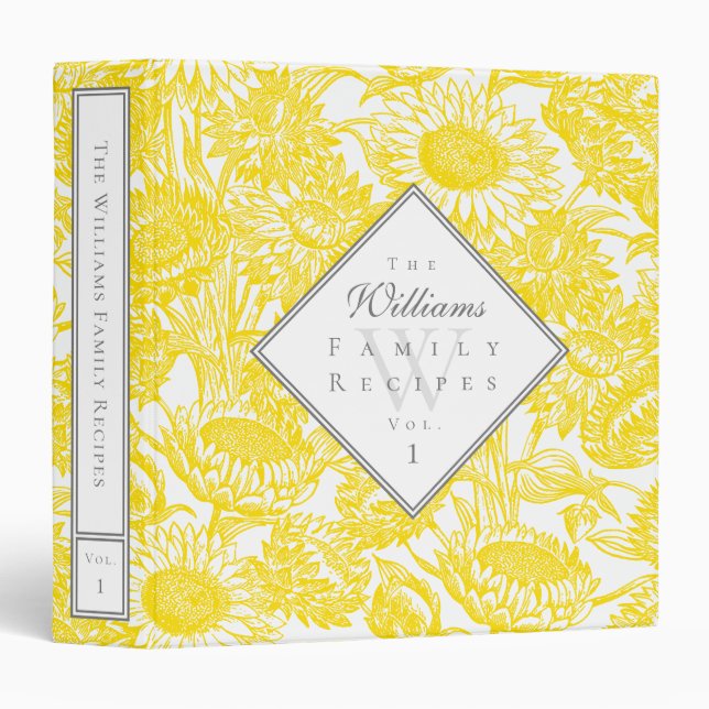 Elegant Sunflower Toile Yellow Gray Recipe Binder (Front/Spine)