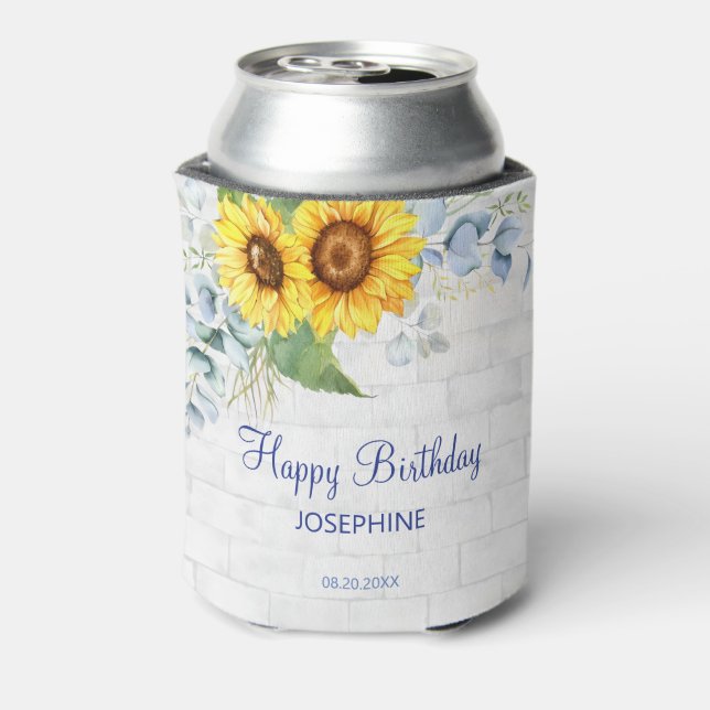 Elegant Sunflower Wall Brick Floral Birthday Can Cooler (Can Back)