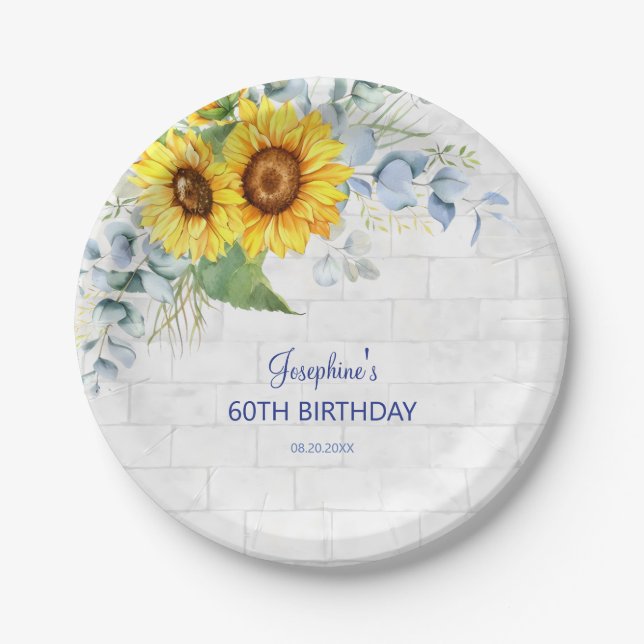 Elegant Sunflower Wall Brick Floral Birthday Paper Plates (Front)