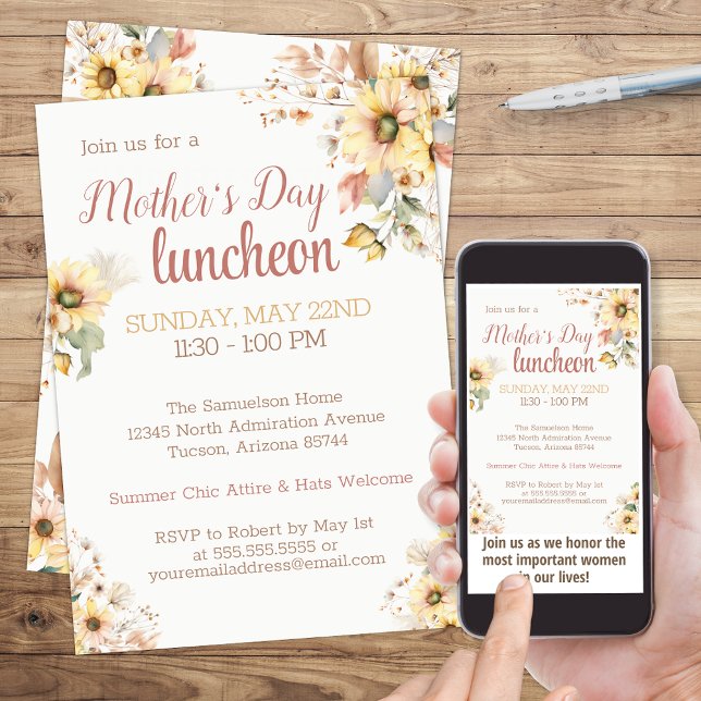 Elegant Sunflower Watercolor Floral Mother's Day Invitation (Elegant Sunflower Mother's Day Luncheon Brunch or Social Event Invitation)