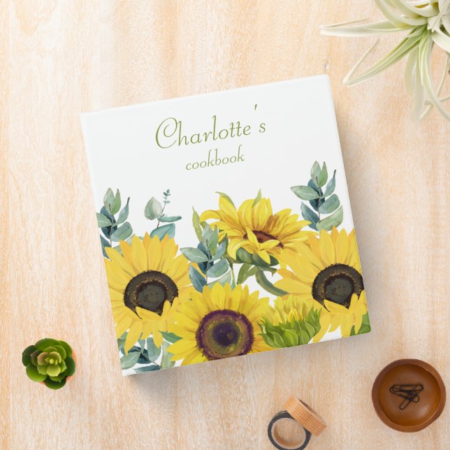 Elegant Sunflower Watercolor Illustration Cookbook 3 Ring Binder (In Situ)