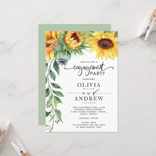 Elegant Sunflower Watercolor Modern Engagement Invitation - The invitation features a watercolor sunflower cascade on the left and a modern font layout with hand-lettering. These are great for your country engagement and for anyone who absolutely loves sunflowers.