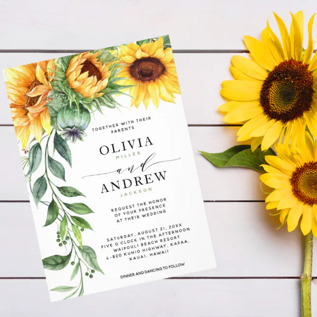 Elegant Sunflower Watercolor Modern Wedding Invitation 