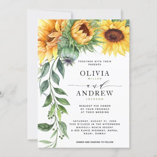 Elegant Sunflower Watercolor Modern Wedding Invitation - Are you using sunflowers in your bouquet or in your centerpiece decorations?  Then you will love these modern watercolor sunflower wedding invitations! The invitation features a watercolor sunflower cascade on the left and a modern font layout with hand-lettering. These are great for your country weddings, fall weddings, rustic weddings, and anyone who absolutely loves sunflowers.
